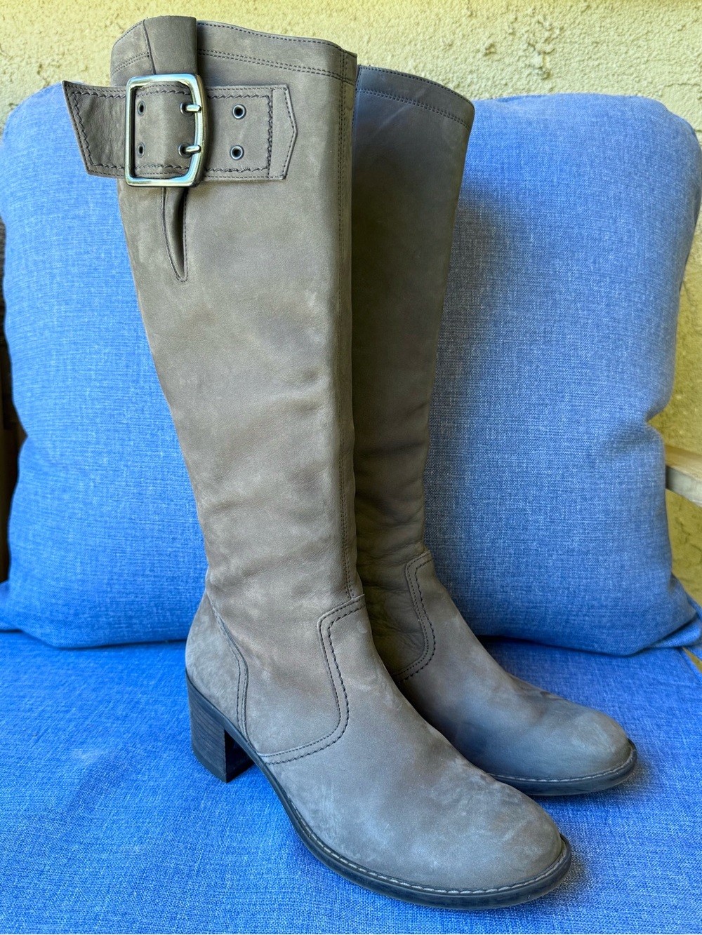 Paul Green Tall Gray Nubuck Leather Heeled Boots with Buckle